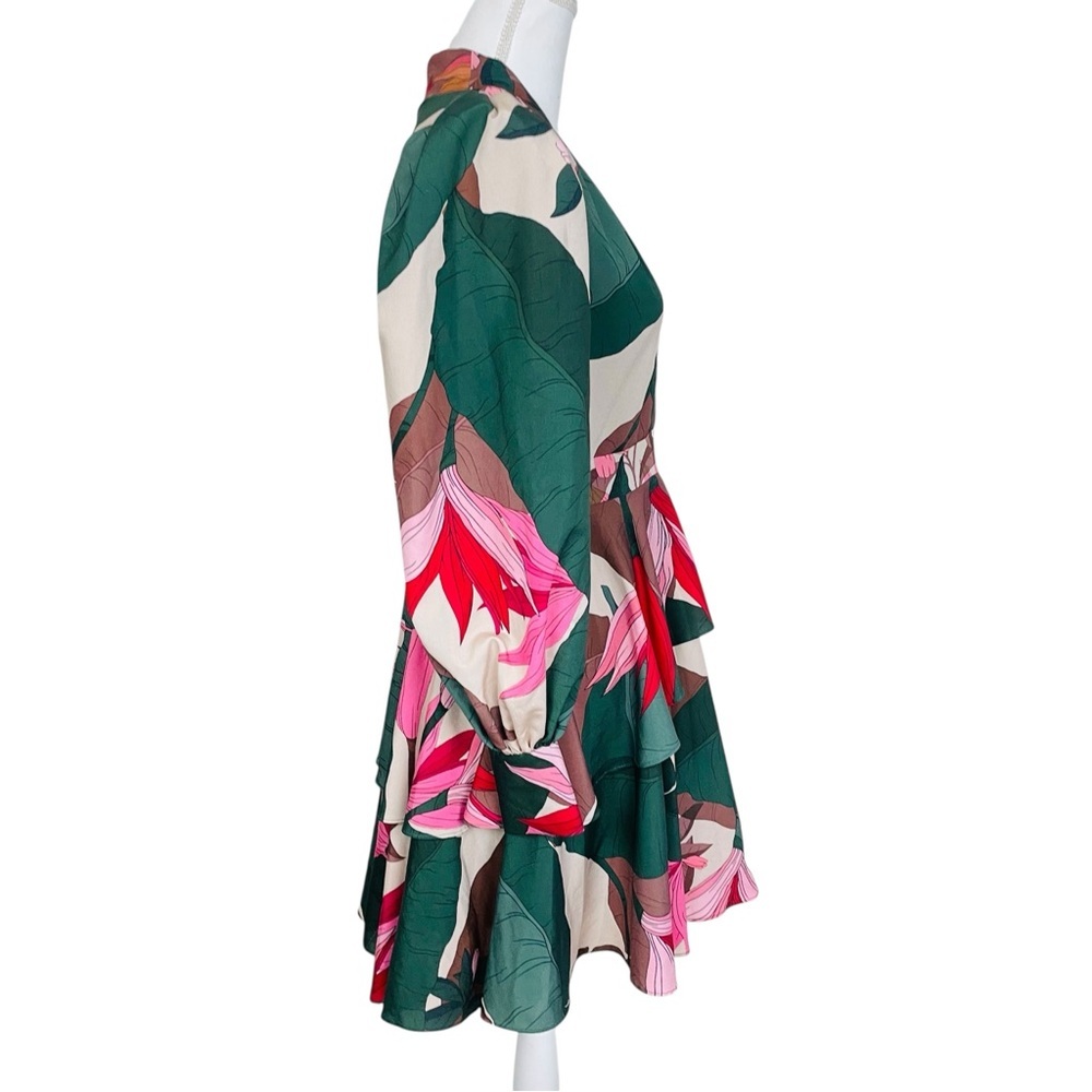 One 33 Social Green Tropical Floral Blouson-Sleeve Tiered Dress 6 - Picture 7 of 11